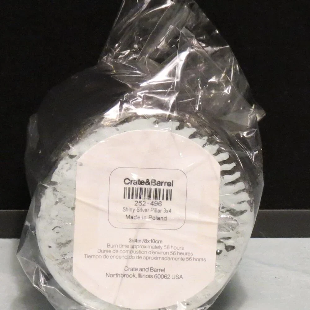 Crate & Barrel Shiny Silver Pillar Candle 3x4/New